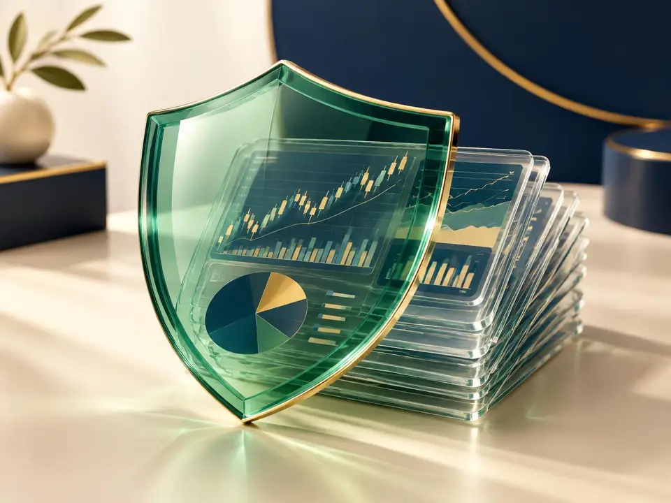 Cronetrium System security concept – emerald shield protecting trading charts and investment portfolio, showing the platform is safe and legit